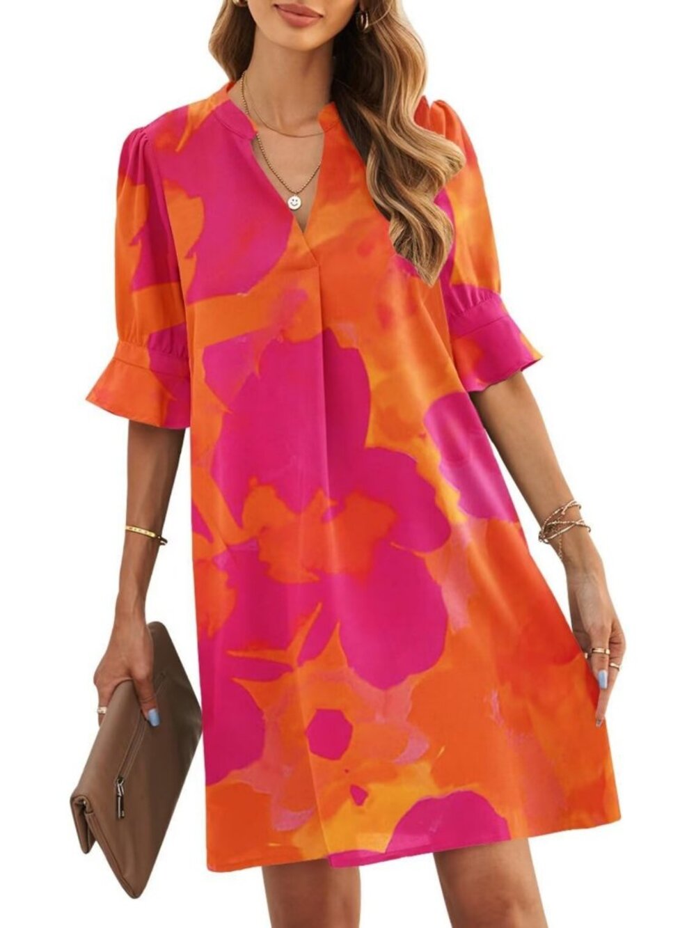 Summer V-Neck Short Sleeve Shift Dress for Women - Casual Lightweight Fashion